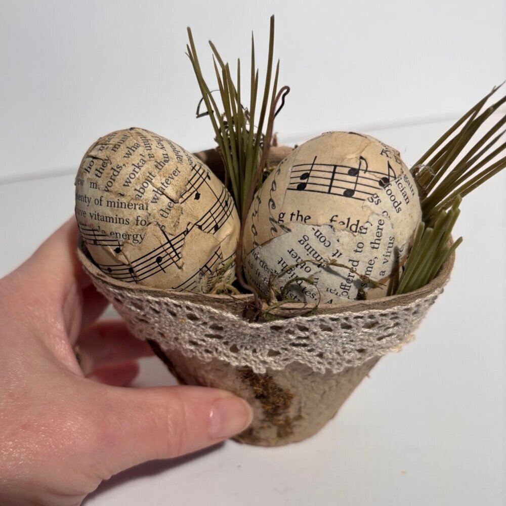 Shabby Chic Seed Starter Basket with Découpaged Vintage Newsprint Eggs & Moss 4" - Picture 3 of 4